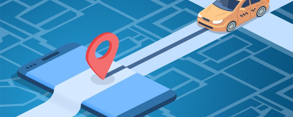 Taxi online service vector illustration of car on city map with navigation pin on smartphone. Transportation technology design for carsharing or carpool mobile phone application